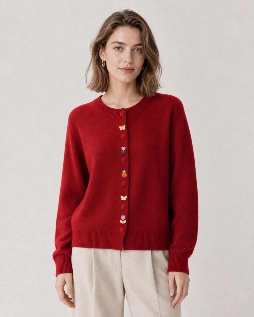 EverKnit custom red cardigan with embroidered buttons